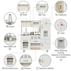 Labeled kids wooden pretend play kitchen set with faucet, removable sink, clock, and telephone