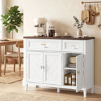White sideboard with brown top, gold handles, two drawers, and two-door cabinet storage.