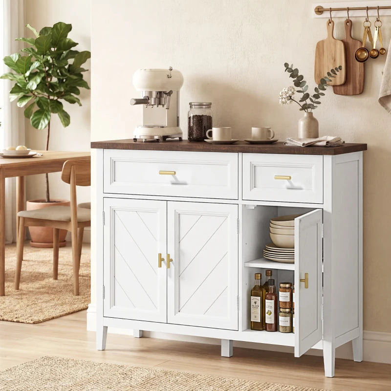 White sideboard with brown top, gold handles, two drawers, and two-door cabinet storage.