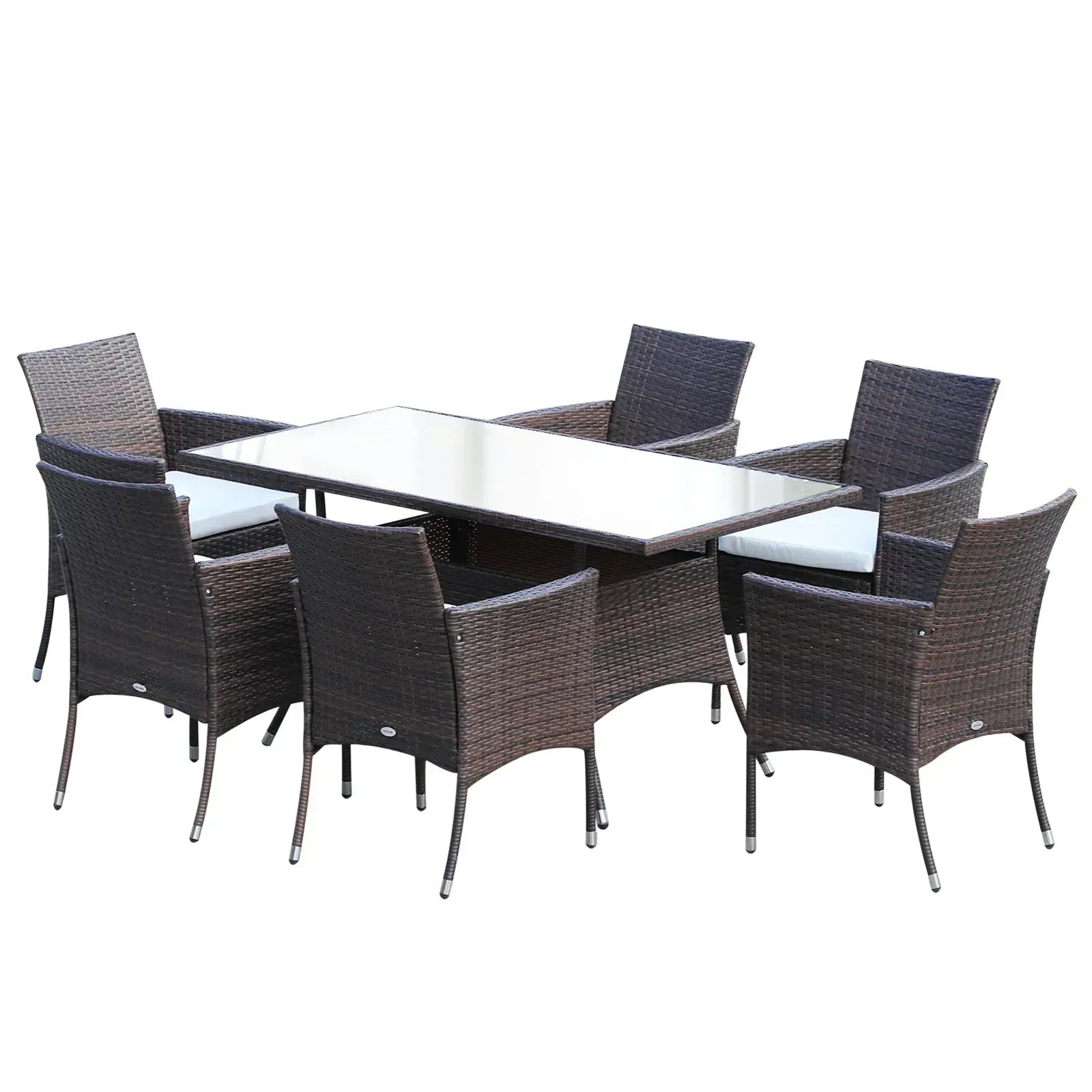 6 Seater Rattan Dining Set with Cushions, Rattan Garden Furniture Set with 6 Armchairs, Rectangular Glass Top Table, Outdoor Dining Table and Chairs, Brown - Bobobiy