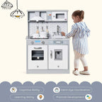 Kids wooden toy kitchen playset with faucet and stovetop, viewed from the side