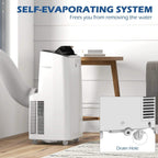 White mobile air conditioner with self-evaporating drain hole outlet and side intake vents