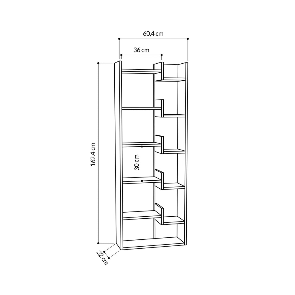 Tall bookcase display unit diagram with open shelves and compartment layout