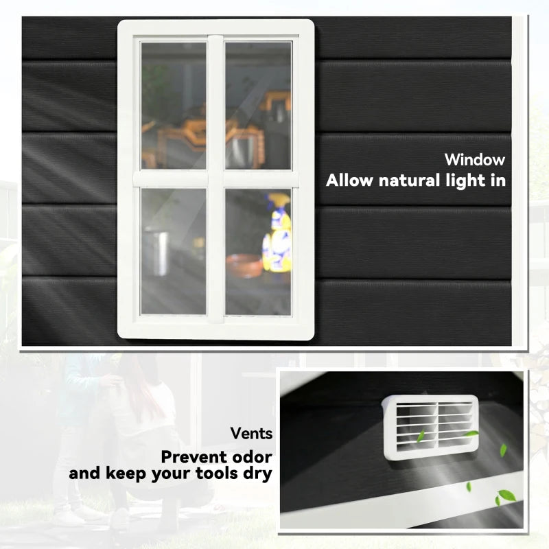 Black shed wall window and roof vent openings for natural light