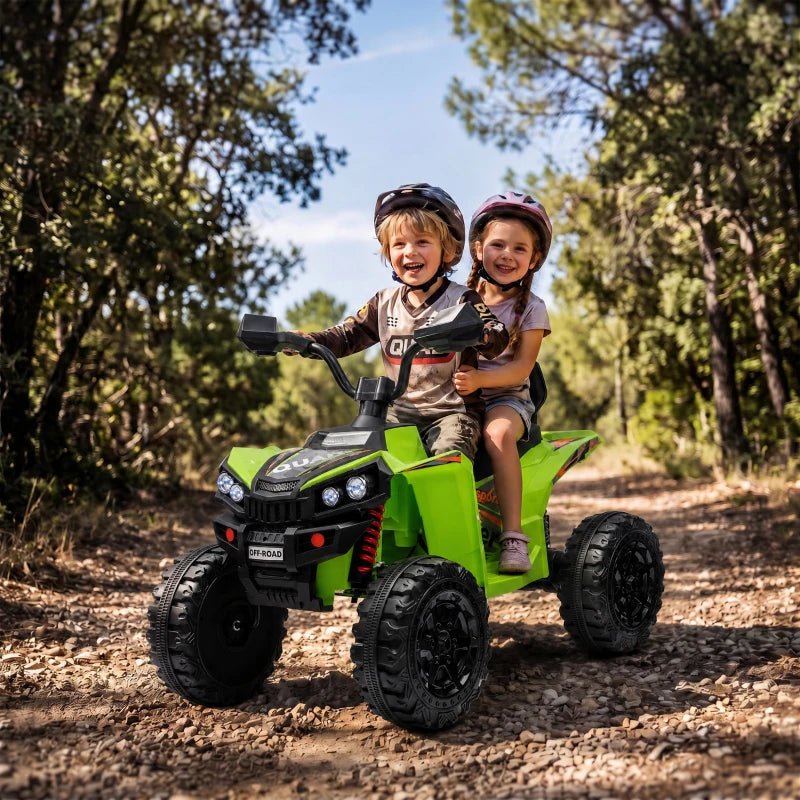 Green kids 24V electric quad bike with two riders and all-terrain tires