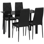 Black glass-top dining table set with four quilted chairs and steel legs