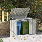 Grey steel double rubbish bin storage shed with lift-up lid and two front doors
