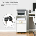 White lockable filing cabinet showing key cylinder and drawer lock detail
