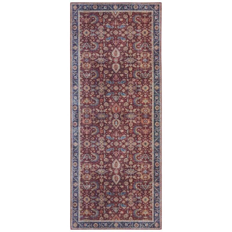 Rectangular maroon oriental medallion rug with navy-blue border and floral scrollwork