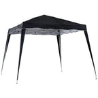 Black pop-up gazebo tent with slanted legs, open sides, and peaked roof