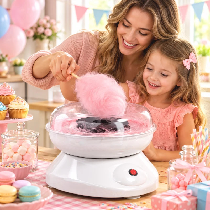 White cotton candy machine with clear bowl and fluffy pink cotton candy coming out