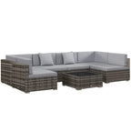 Grey cushion rattan corner sofa set with matching ottoman seating blocks.