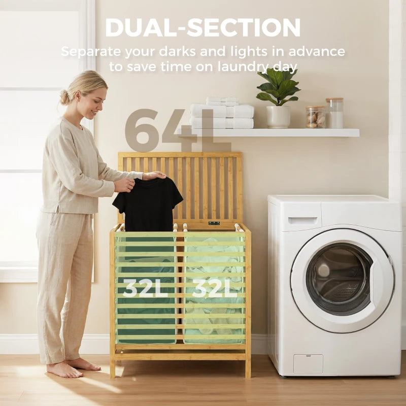 Bamboo laundry basket with open dual compartments holding folded laundry