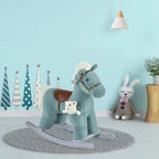 Blue plush rocking horse toy with brown saddle and attached small bear plush