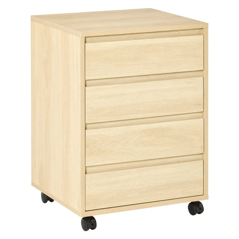 Four-drawer office filing cabinet in natural light wood finish with casters