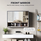 Front mirror grey bathroom cabinet with three door compartments and handle-free look