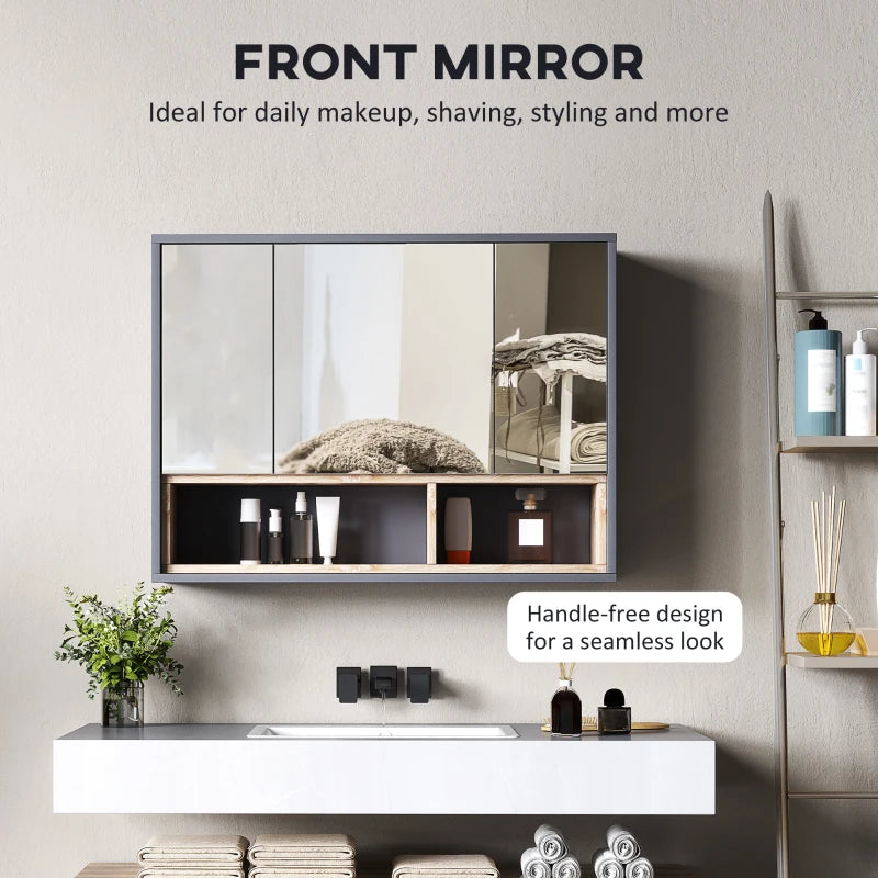 Front mirror grey bathroom cabinet with three door compartments and handle-free look