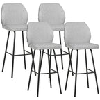 Set of 4 light grey upholstered bar stools with curved backs and black steel legs