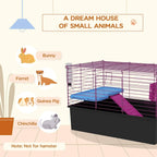 Small animal playhouse cage with purple wire walls, blue ramp, and magenta hay accessory