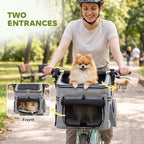 Light grey dog bike basket with front and top openings and security leash