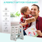Kids step stool ladder in grey with light blue steps near a family
