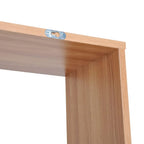 Maple wood-effect bookshelf corner joint with metal cam lock detail