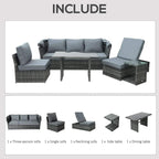 Gray modular outdoor wicker sectional sofa set with canopy, cushions, and side tables