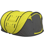 Yellow and dark gray pop-up camping tent with front mesh door and curved side panels.