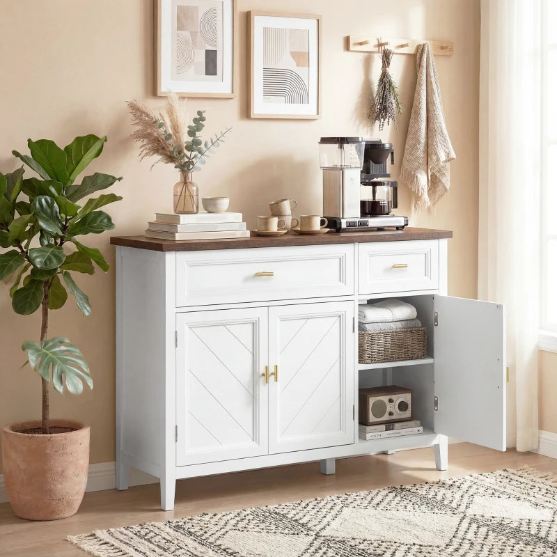 White sideboard with brown top, gold hardware, drawer storage, and open cabinet compartment.