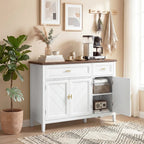 White sideboard with brown top, gold hardware, drawer storage, and open cabinet compartment.