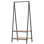 Freestanding black metal clothes rack with two-tier wooden shelves for hanging clothes