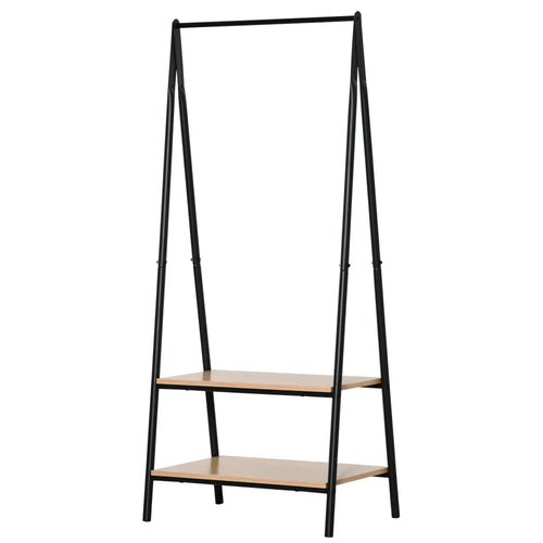 Freestanding black metal clothes rack with two-tier wooden shelves for hanging clothes