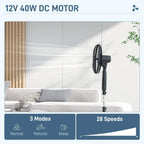 Black pedestal fan featuring 12V 40W DC motor, 3 modes and 28 speeds