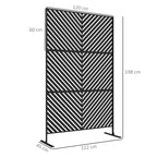 Black metal triangle-pattern privacy screen with stand, front view