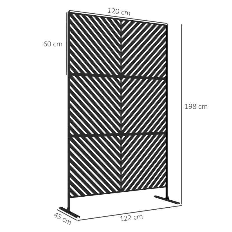 Black metal triangle-pattern privacy screen with stand, front view