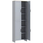 Grey freestanding kitchen pantry cabinet with two open doors and 4 interior shelves