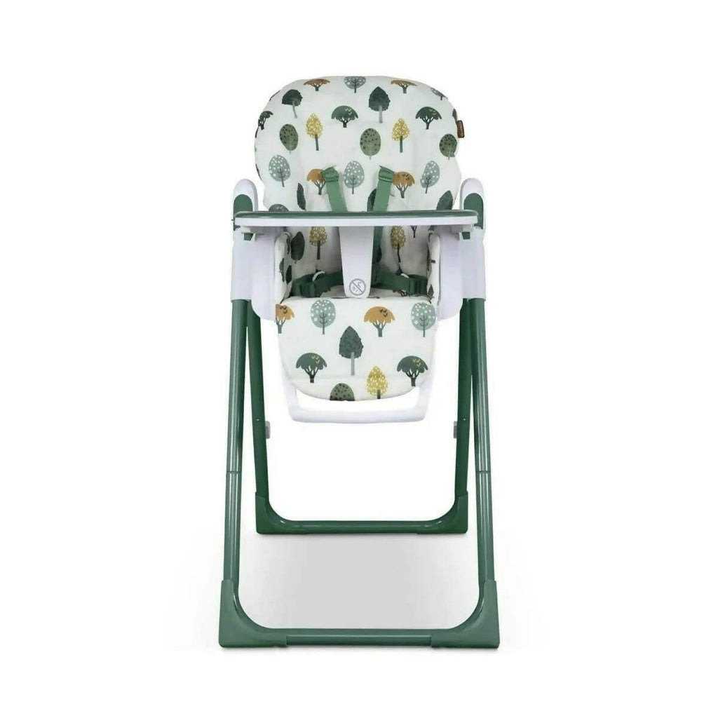 Baby highchair front view with patterned seat, white harness bar, green frame