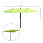 Lime green double-side umbrella parasol with size guide: 4.6 m wide, 2.4 m high