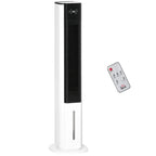 White tower portable air cooler with black grille, top LED display, and remote control