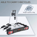 Silver bike rack for three bicycles with padded wheel cradles and rear lights