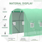 Green polytunnel greenhouse showing mesh cover, galvanized metal frame, and door section