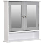 Grey bathroom wall storage cabinet with two mirrored doors and metal knob handles