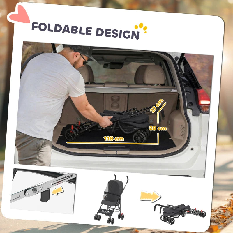 Black foldable pet stroller with collapsible frame for transport