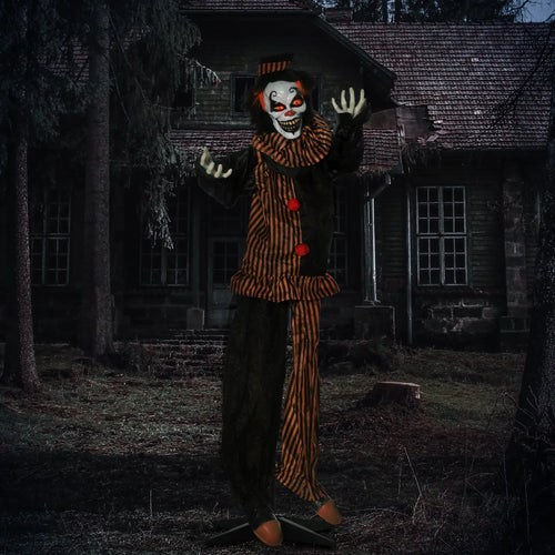 Outdoor circus clown animatronic decoration with striped outfit and raised hands