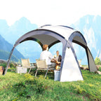 Cream and blue dome gazebo tent, side view with open entrances