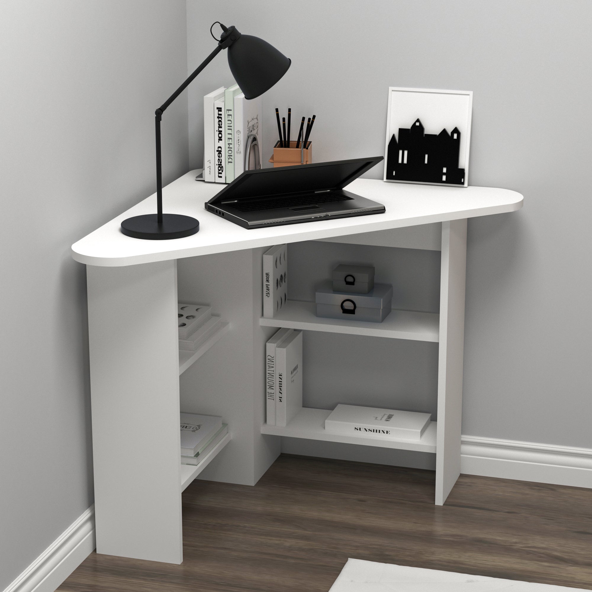 Corner Computer Desk with Shelves-Gredos