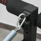 Metal spring connector and loop on black resistance rope for sit-up bench