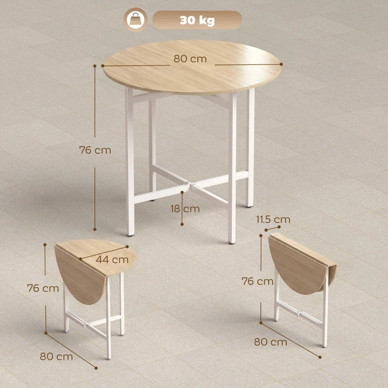 Small round folding dining table with light wood top, white steel frame, X brace