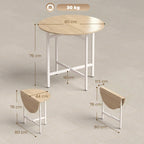 Small round folding dining table with light wood top, white steel frame, X brace