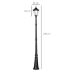 Black solar lamp post light with lantern top and height measurements, 240 cm tall
